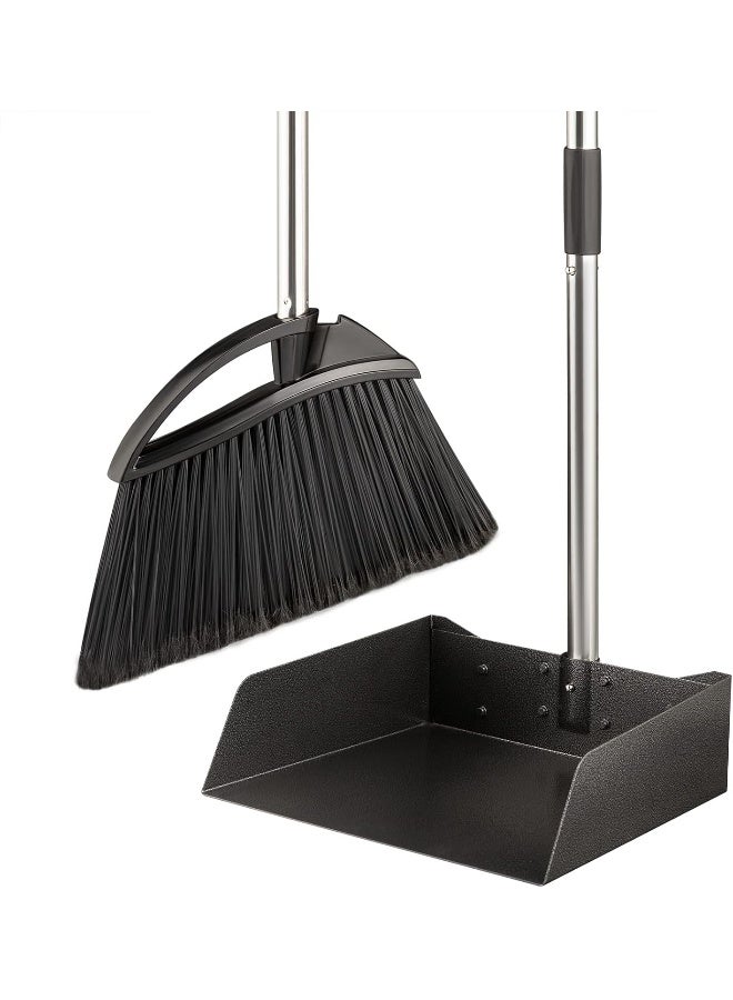 Yangbaga Long Handled Dust Pan and Broom Set for Home, Heavy Duty Metal Stainless Steel Dustpans and Brooms, Upright Stand Up Design - Image 1